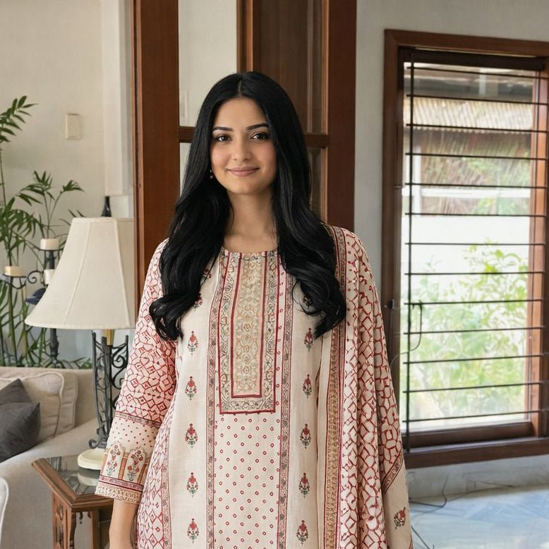 Pure linen with placement print smart three piece set (B267)
